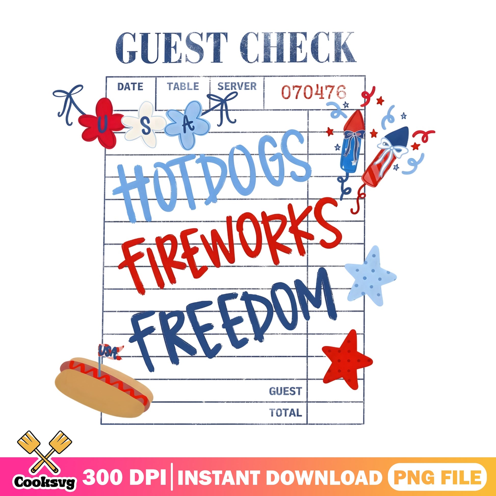 Hotdogs Fireworks Freedom Guest Check PNG, 4th Of July PNG, USA PNG