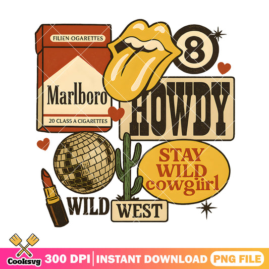 Howdy stay wild cowgirl vibes png, cow girl boots​ png, howdy vibes png