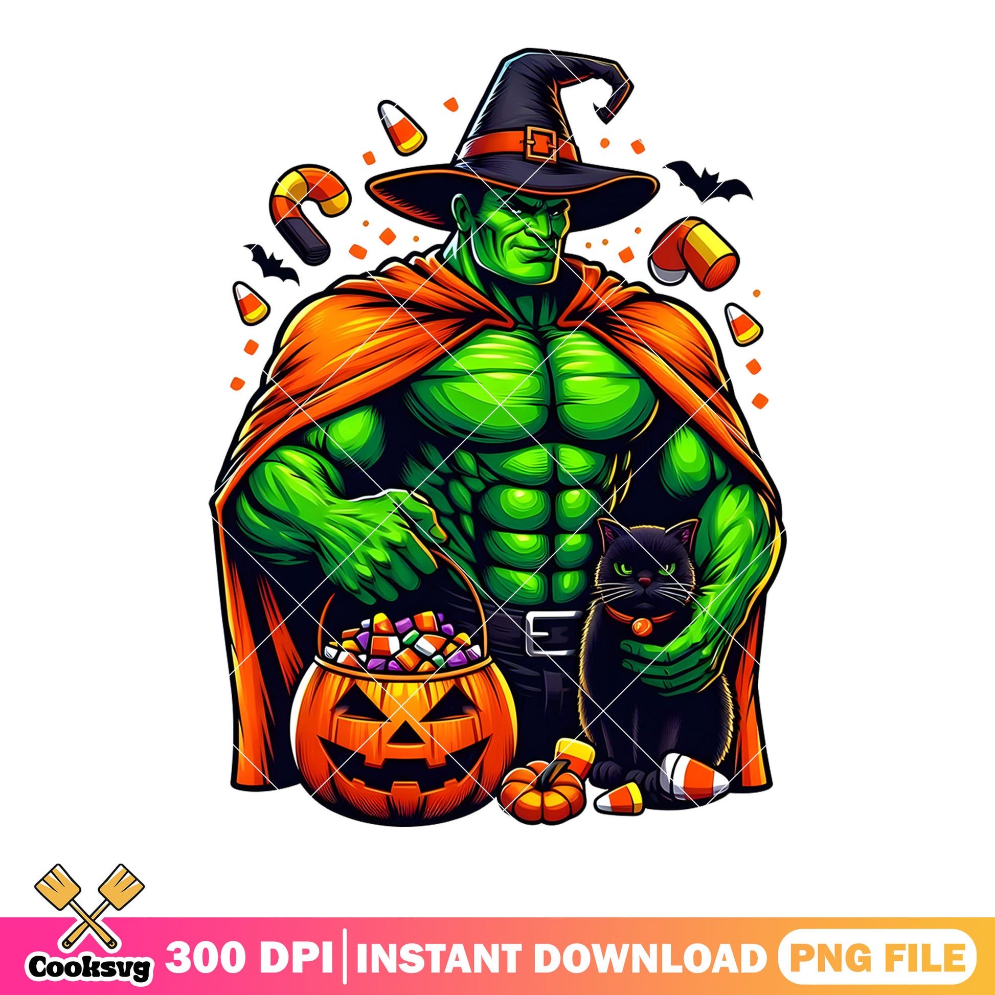 Hulk with black cat png, jack o lantern png, marvel halloween png