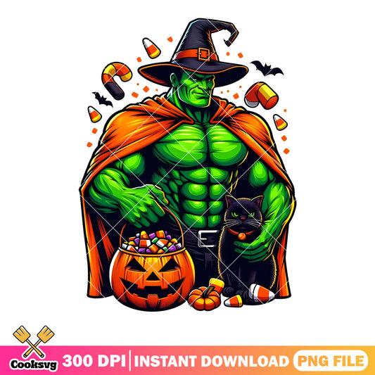 Hulk with black cat png, jack o lantern png, marvel halloween png