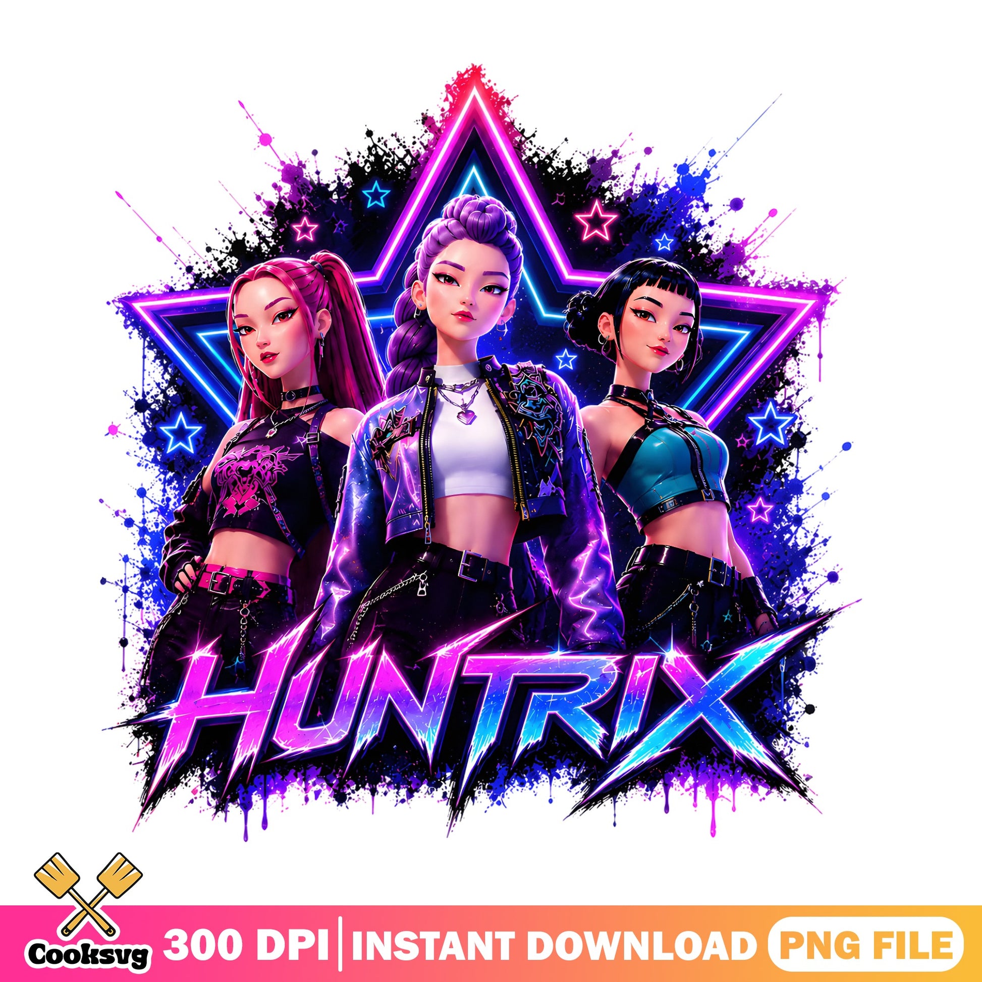 Huntrix Girl Group PNG, Neon Kpop Girls PNG, Girl Band PNG