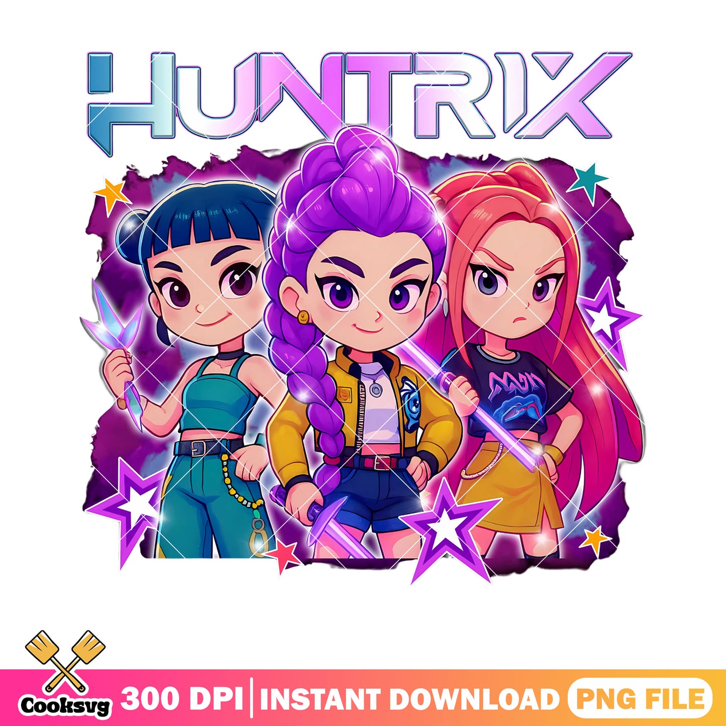 Huntrix anime cute chibi poster png, kpop chibi png, chibi huntrx png
