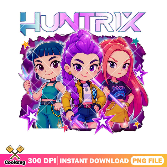 Huntrix anime cute chibi poster png, kpop chibi png, chibi huntrx png