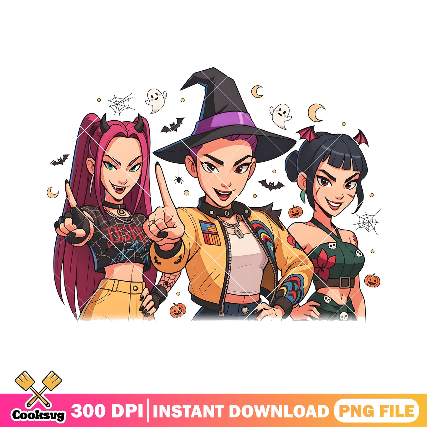 Huntrix band in halloween png, huntrix witch png, huntrix girl png