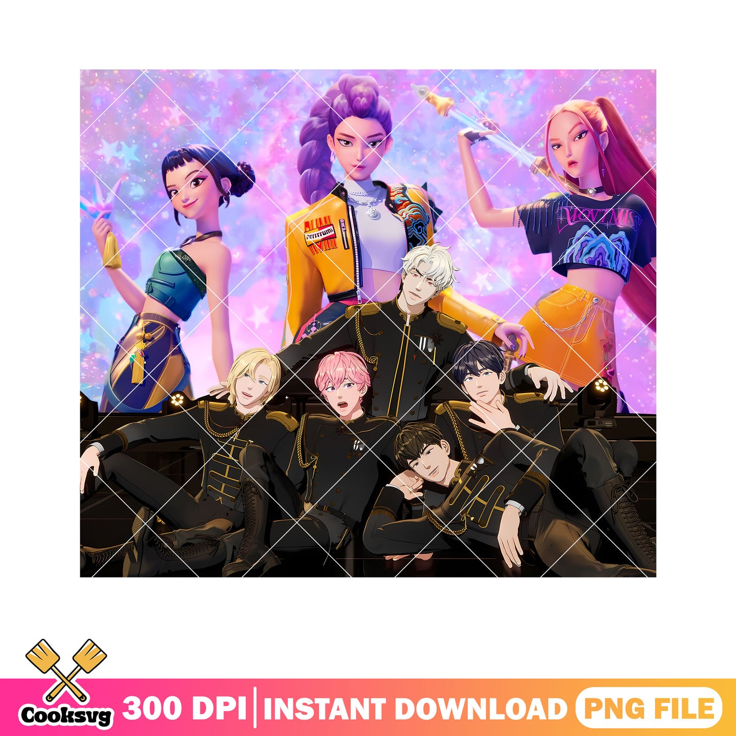 Huntrix boygroup poster png, 3d huntrix boygroup png, idols kpop png