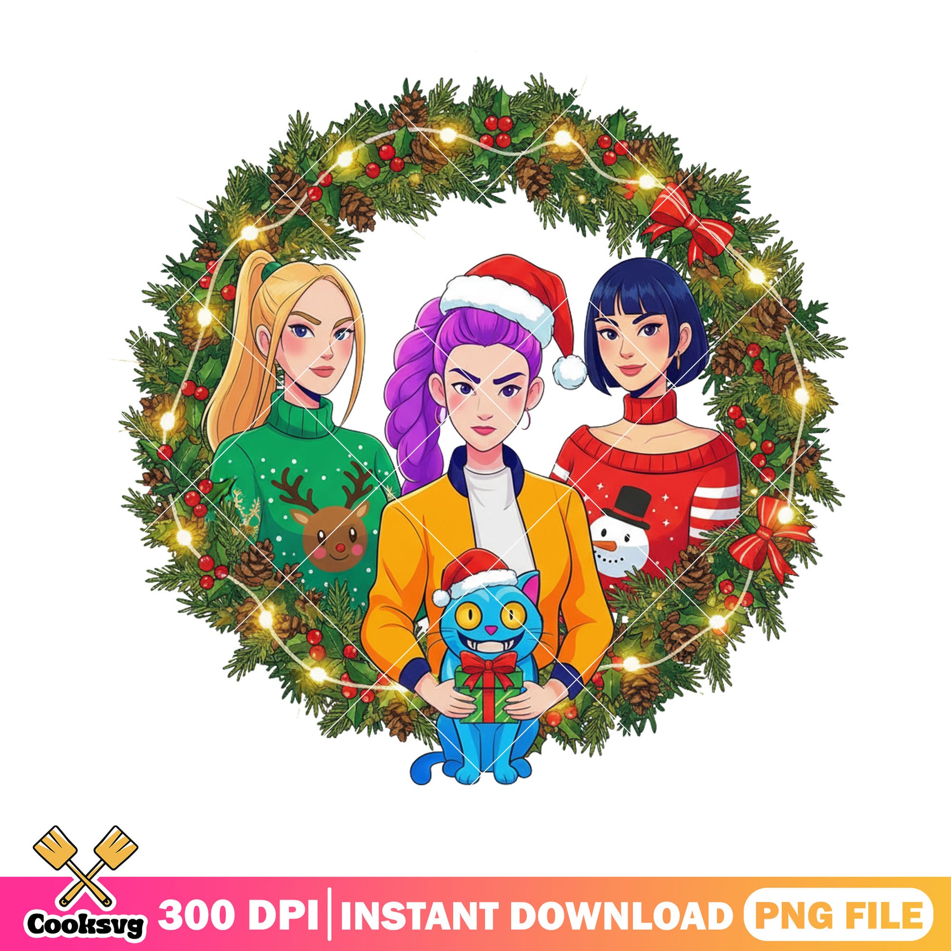 Huntrix christmas png, kpop demon hunter png, christmas sweater​ png
