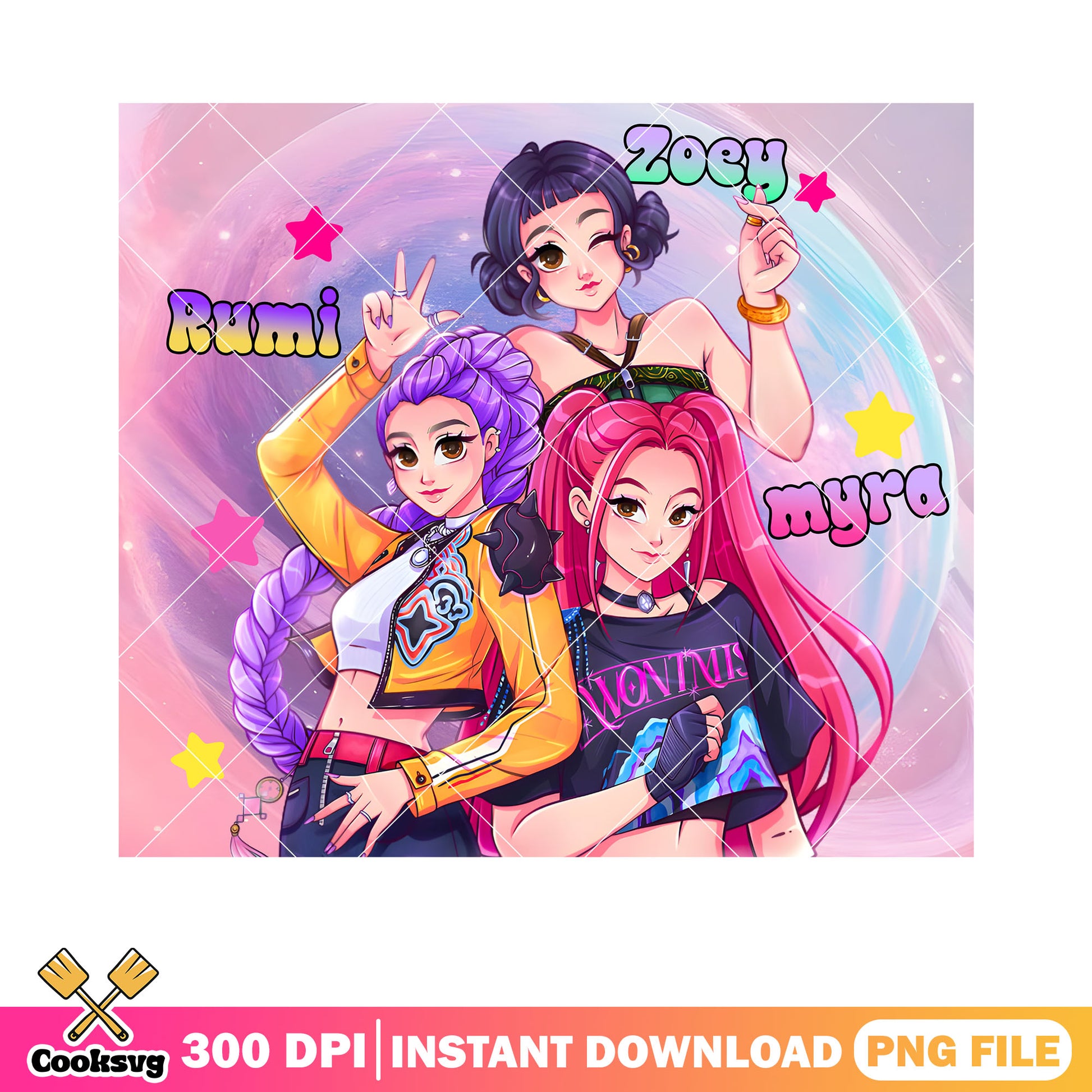 Huntrix figer heart pose png, mira zoey rumi png, peace sign png