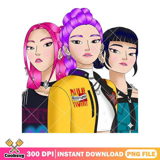 Huntrix girls 2d logo kpop png, rumi art kpop png, oficial members png