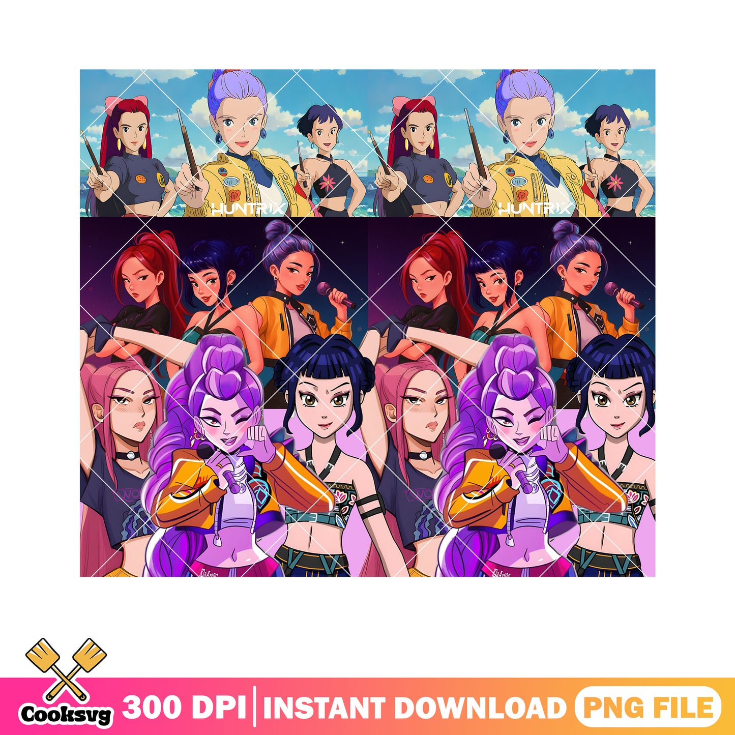 Huntrix girls ghibli style png, netflix png, kpop demon hunters png