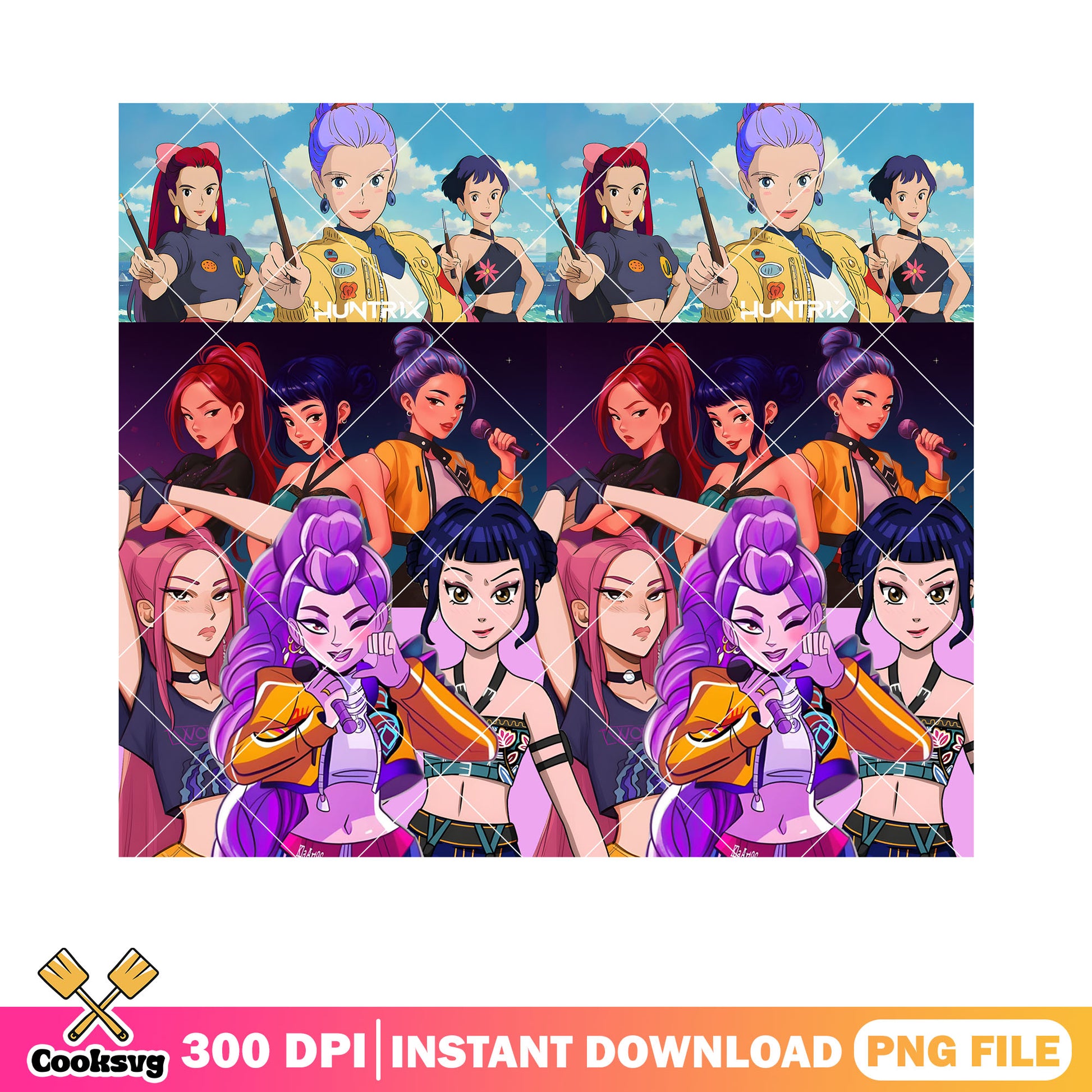 Huntrix girls ghibli style png, netflix png, kpop demon hunters png