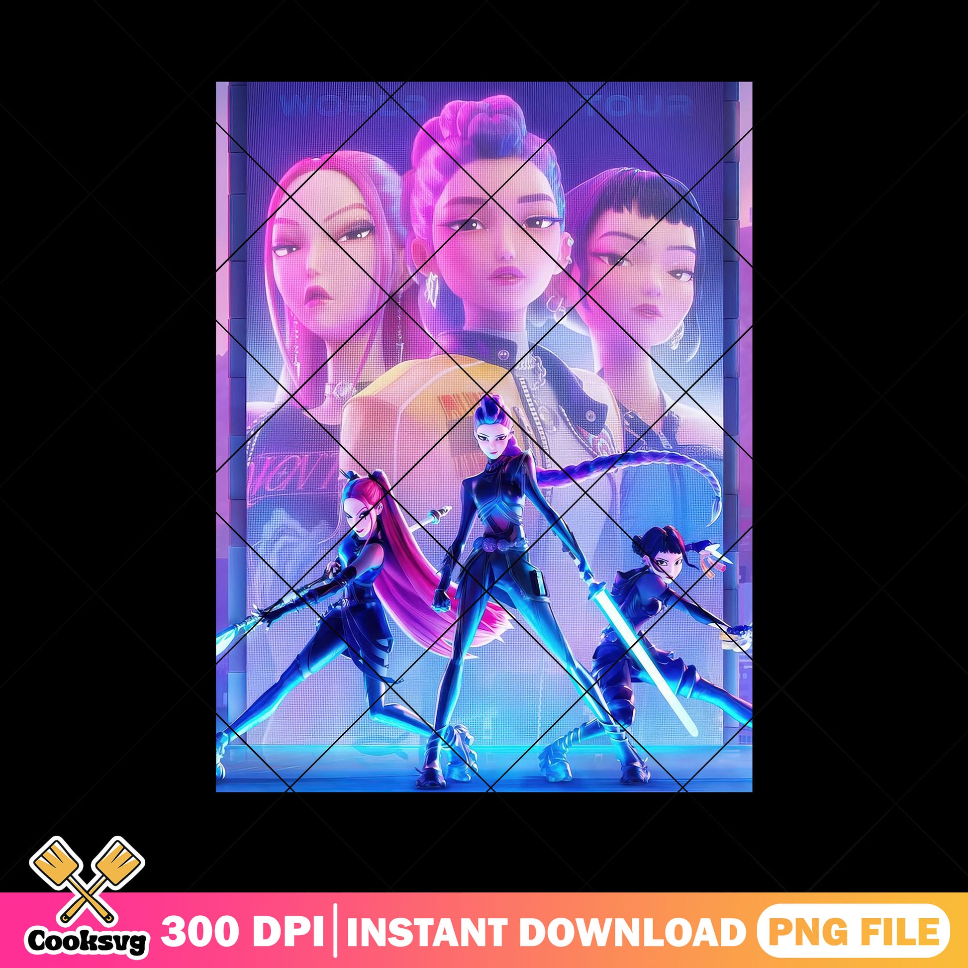 Huntrix hunter poster png, huntrix band png, kpop demon hunters png