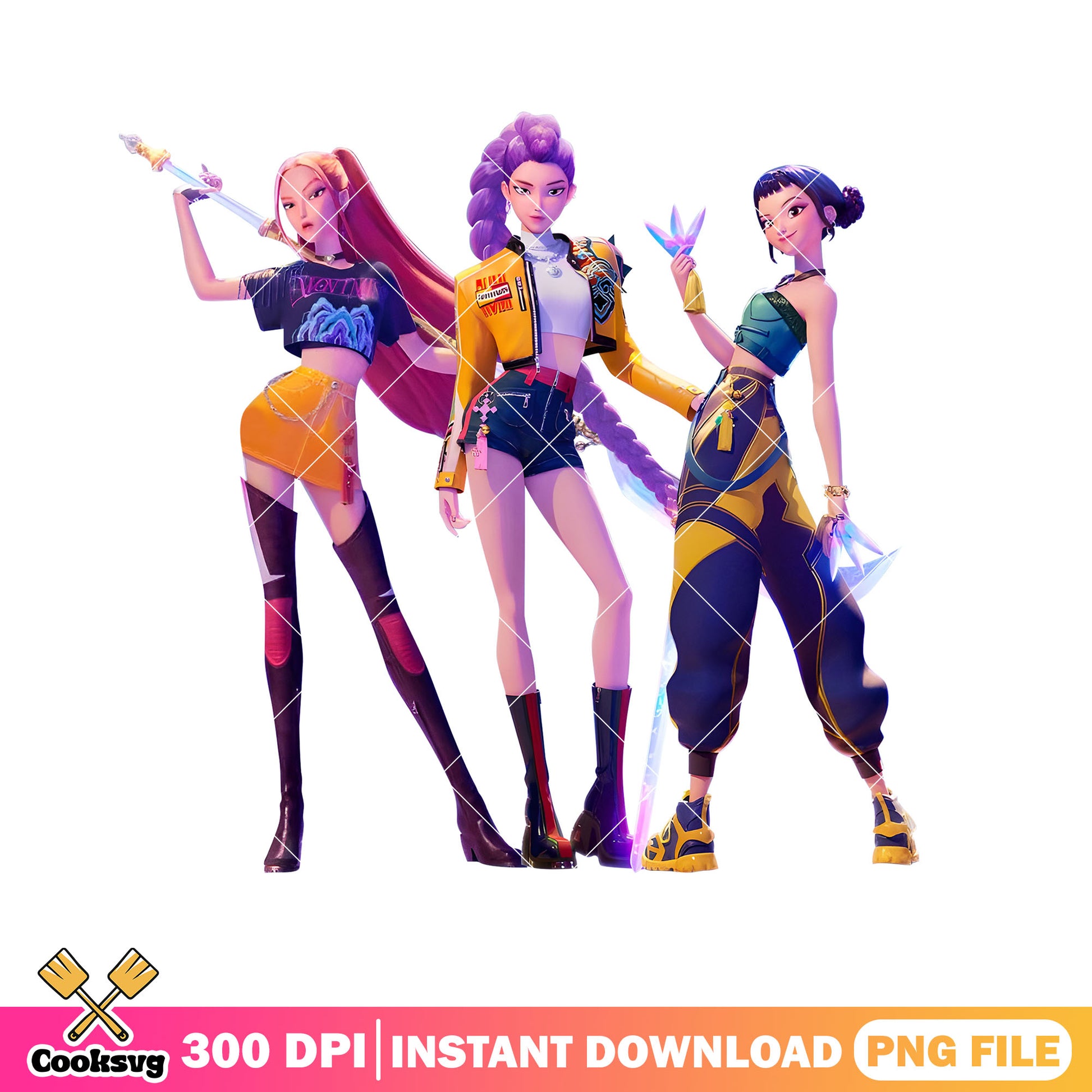 Huntrix kpop 3d poster logo png, girls pose poster png, girls kpop png
