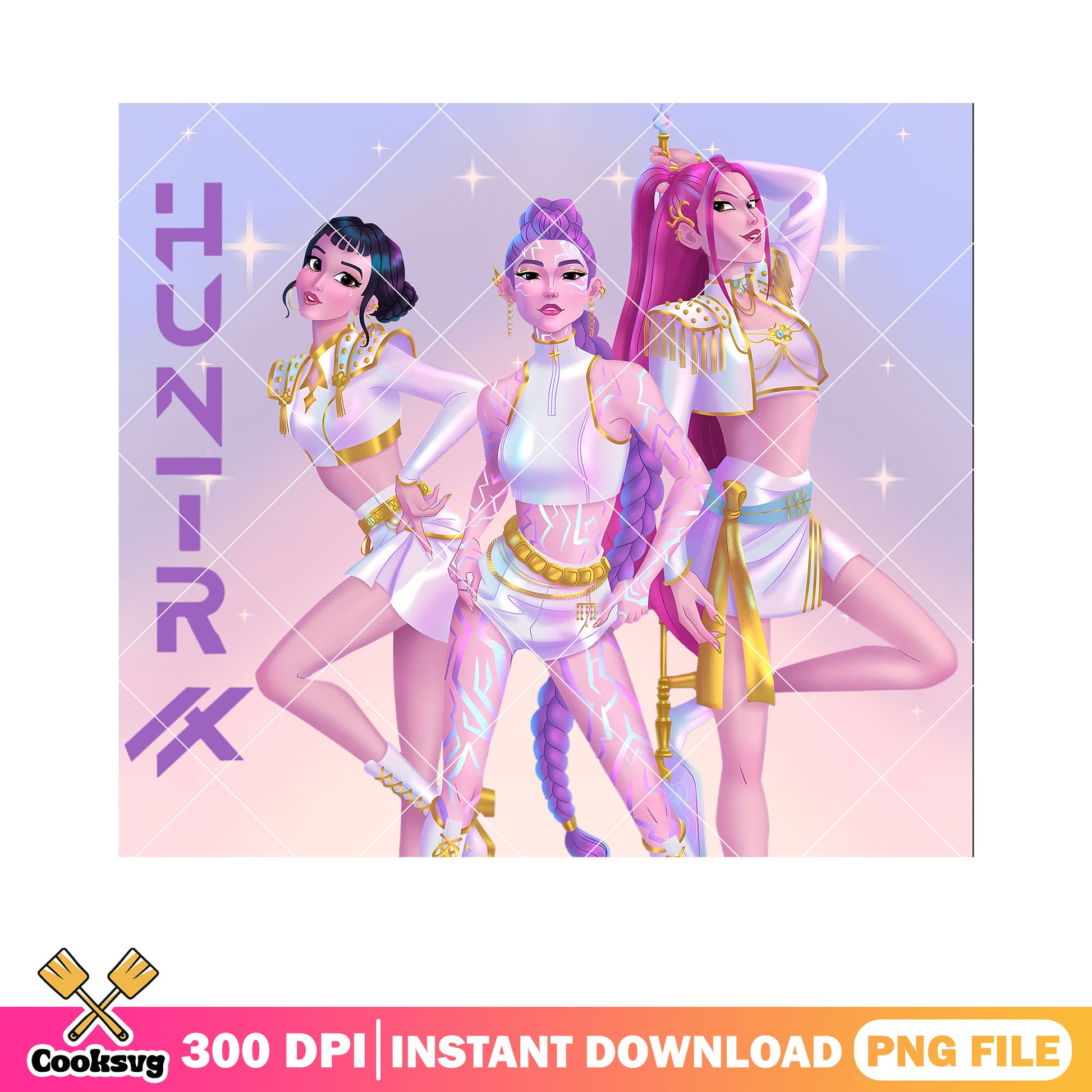 Huntrix poster debut kpop png, 3d huntrix suit white png, kpop 3d png