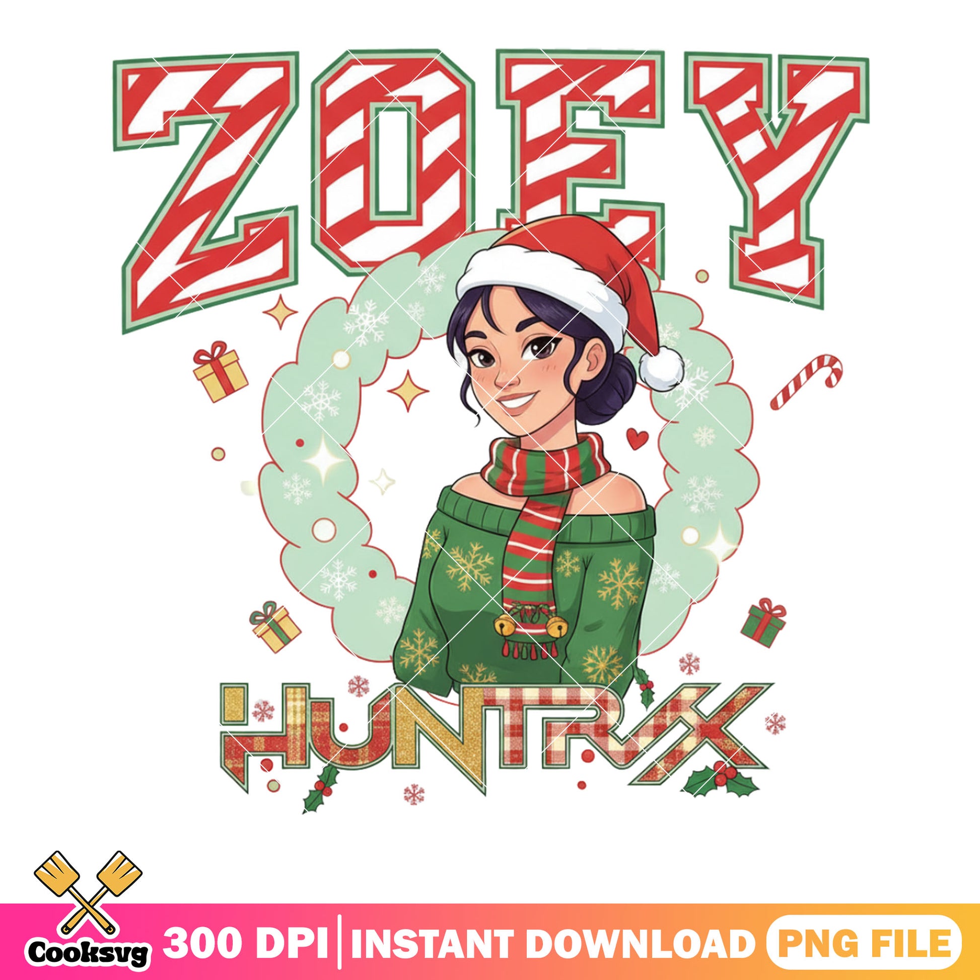 Huntrix santa hat png, Zoey kpop demon hunters png, christmas gift png