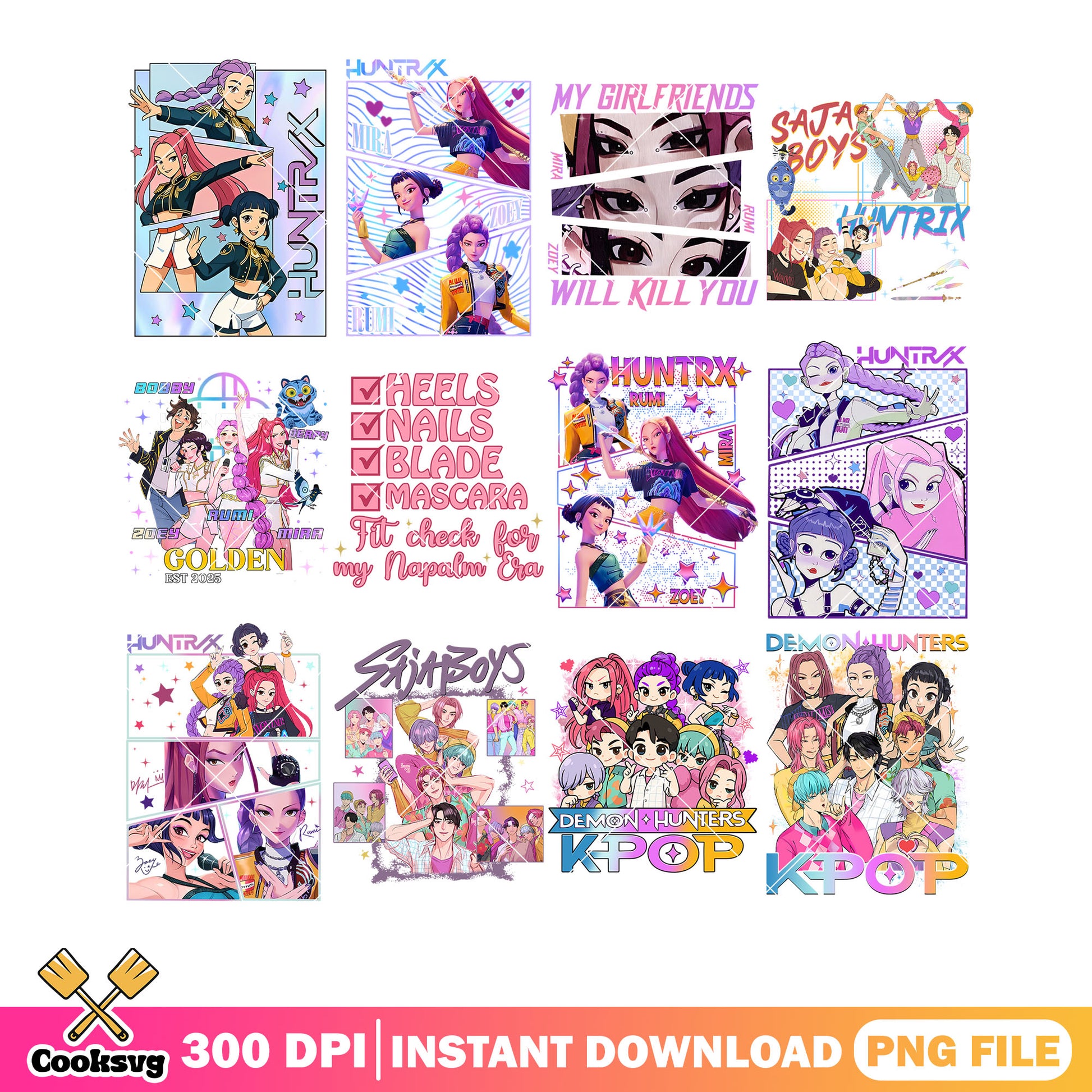 Huntrix song poster png bundle, huntrix members png, kpop hunters png