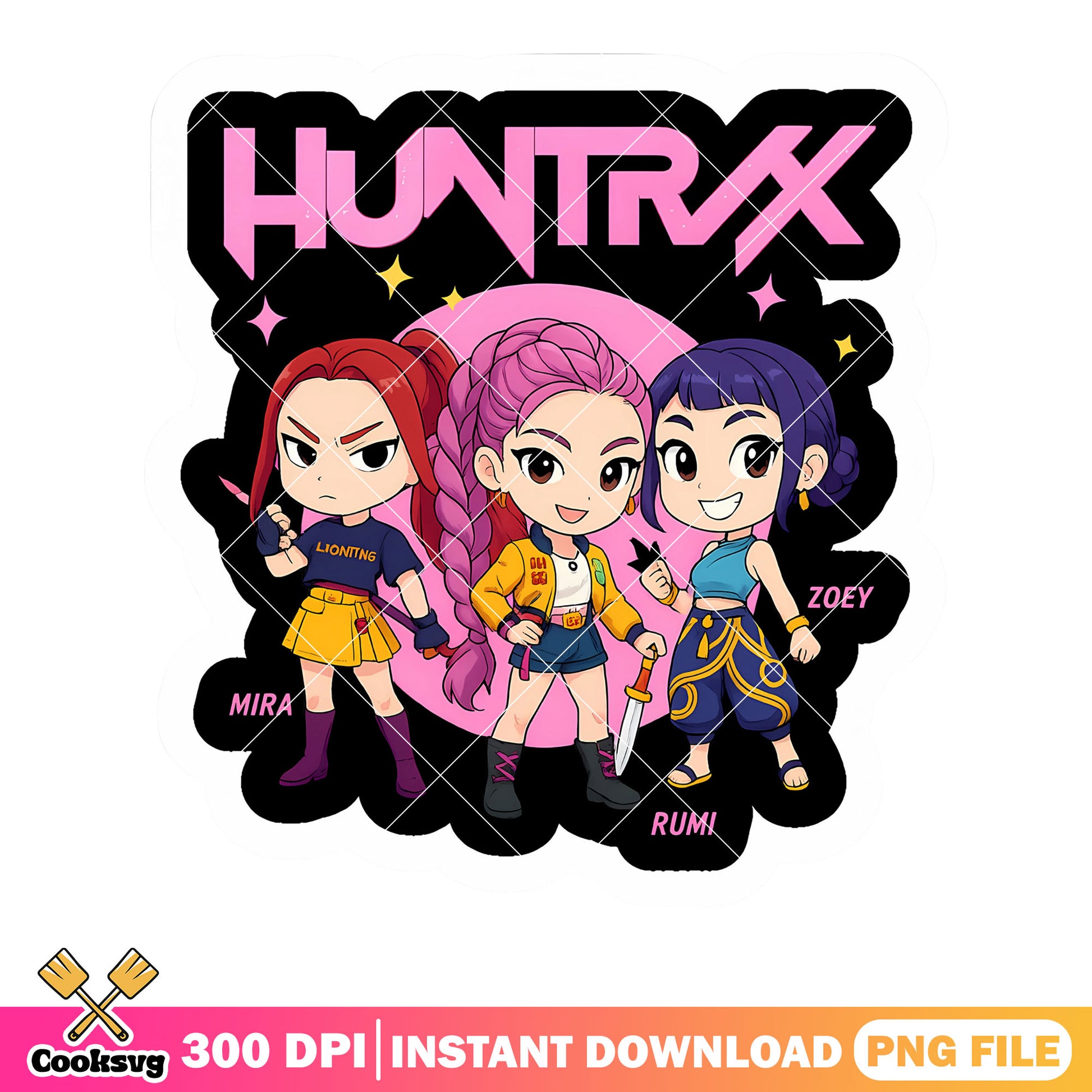 Huntrix sticker chibi poster png, sticker chibi kpop png, sticker png