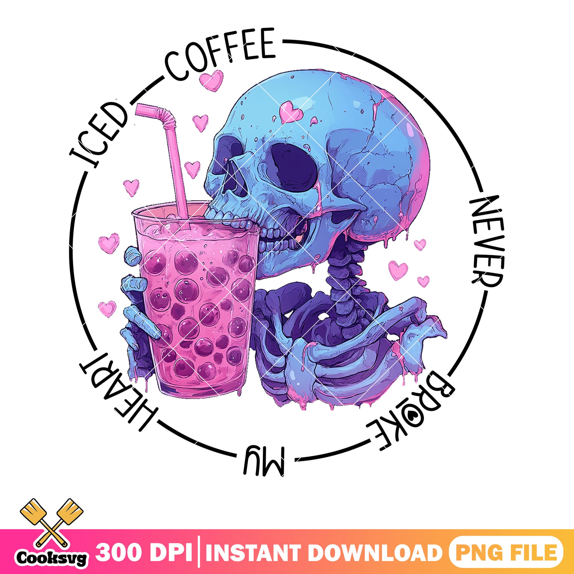 Iced Coffee Valentines skull png, skeleton love png, valentine day png