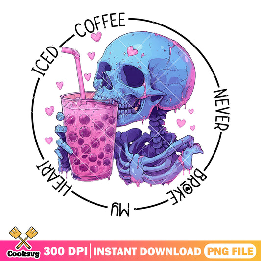 Iced Coffee Valentines skull png, skeleton love png, valentine day png