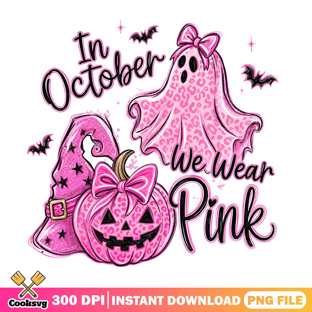 In October We Wear Pink PNG, Halloween Ghost PNG, Breast Cancer PNG
