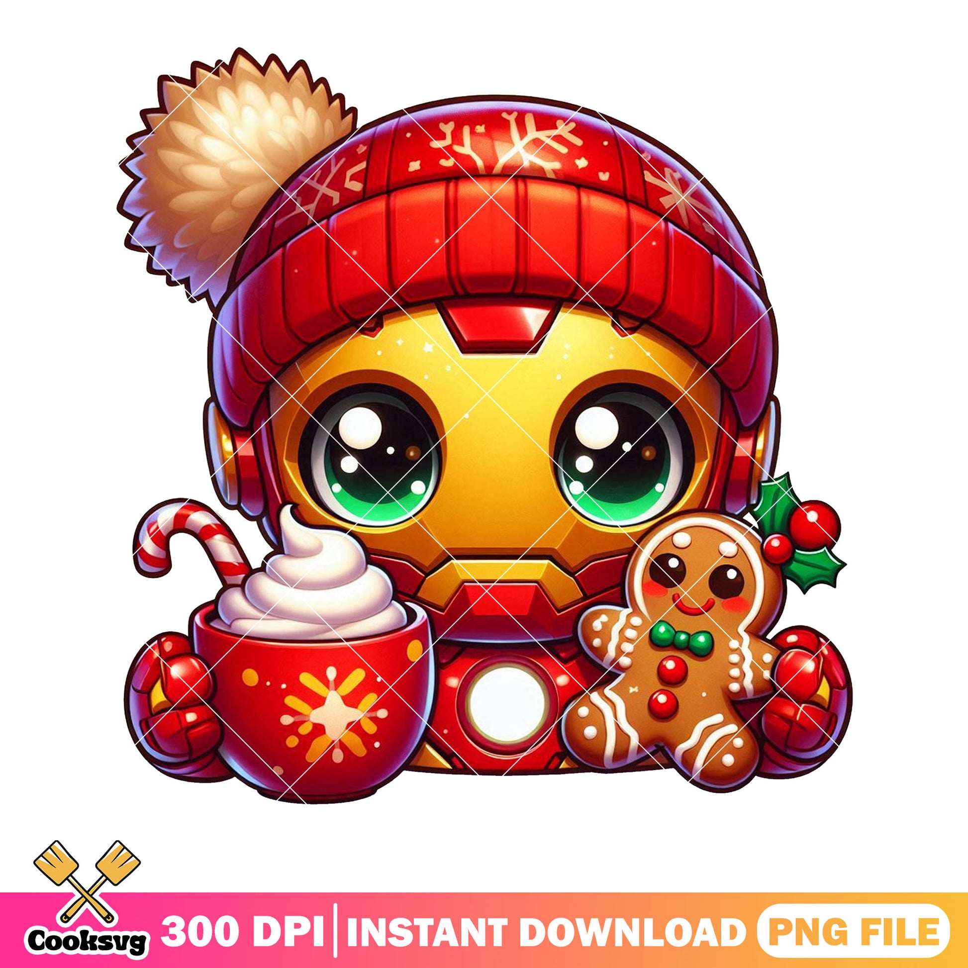 Iron man christmas ornament​ png, santa hat treat png, chibi card png