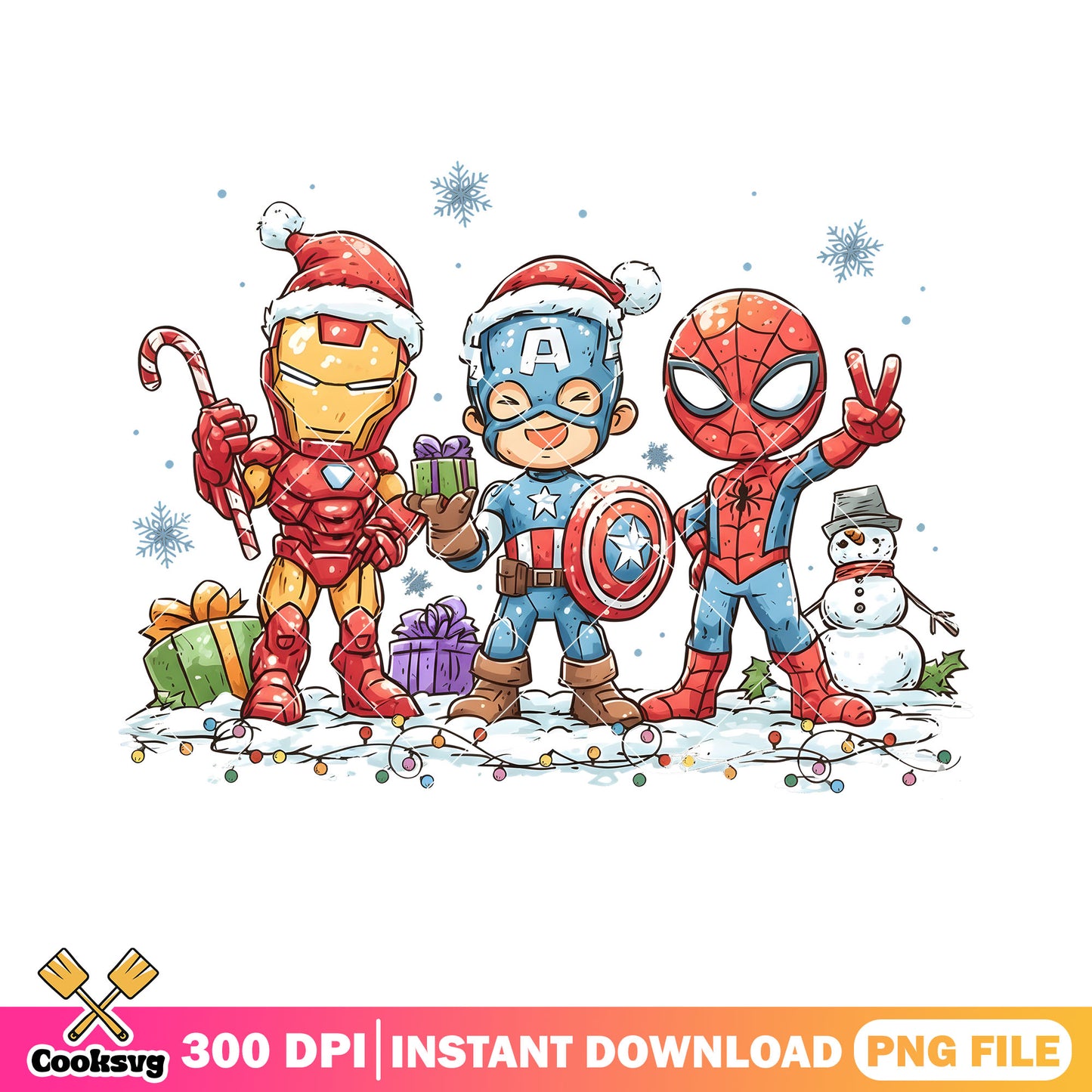 Iron man christmas png, snowman png, captain america png