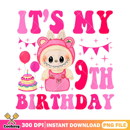 Its my 9th birthday labubu png, birthday labubu png, pink labubu png