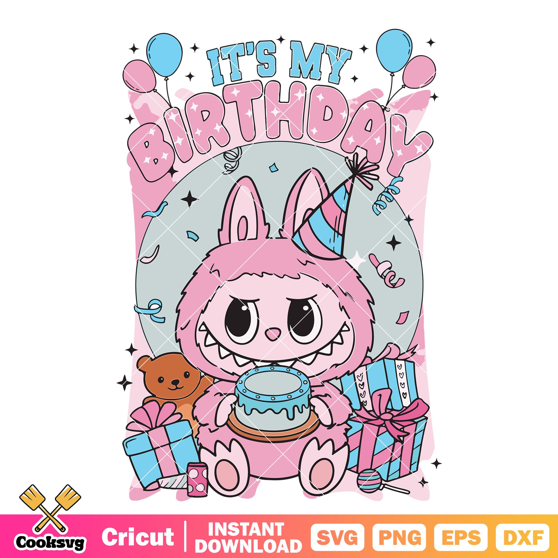 Its my birthday pink labubu svg, labubu birthday cake svg, labubu pink svg