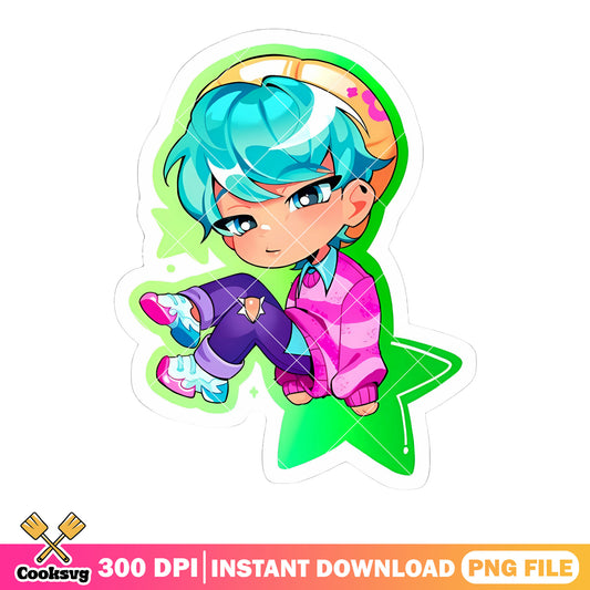 Jimin anime poster kpop png, jimin blue hair png, jimin kpop png