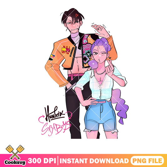 Jinu teasing rumi png, anime couple cute png, huntrix saji boys png