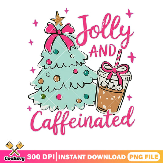 Jolly and caffeinated png, christmas tree png, coffee cup png