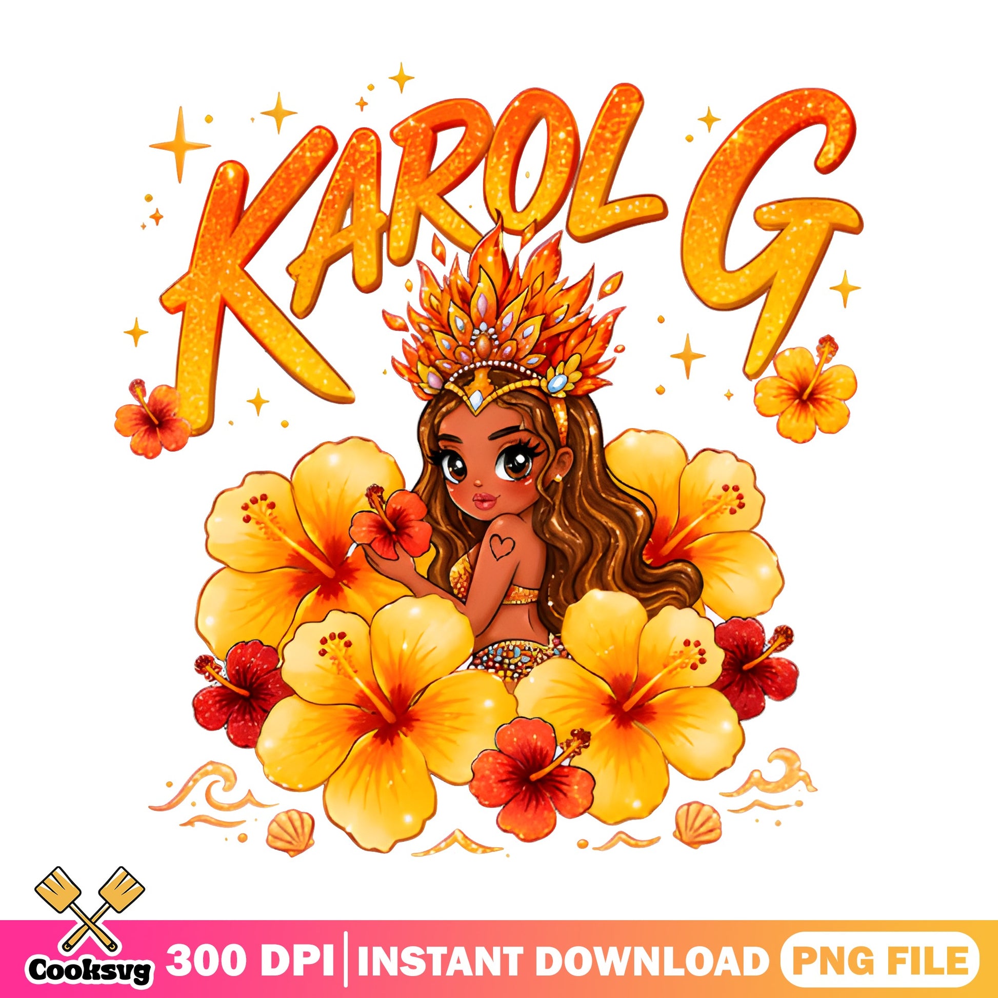 Karol G PNG, Latina Music Chibi Girl PNG, Hibiscus Flowers PNG