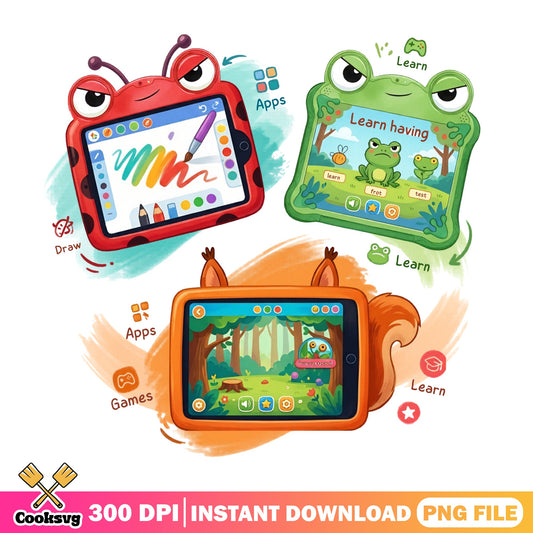 Kids Tablet Clipart PNG Bundle, Cute Animal Tablet PNG, Children PNG