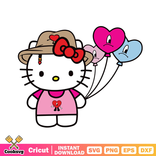 Kitty cat bad bunny ballon valentine svg, hello kitty valentines​ svg, bad bunny svg
