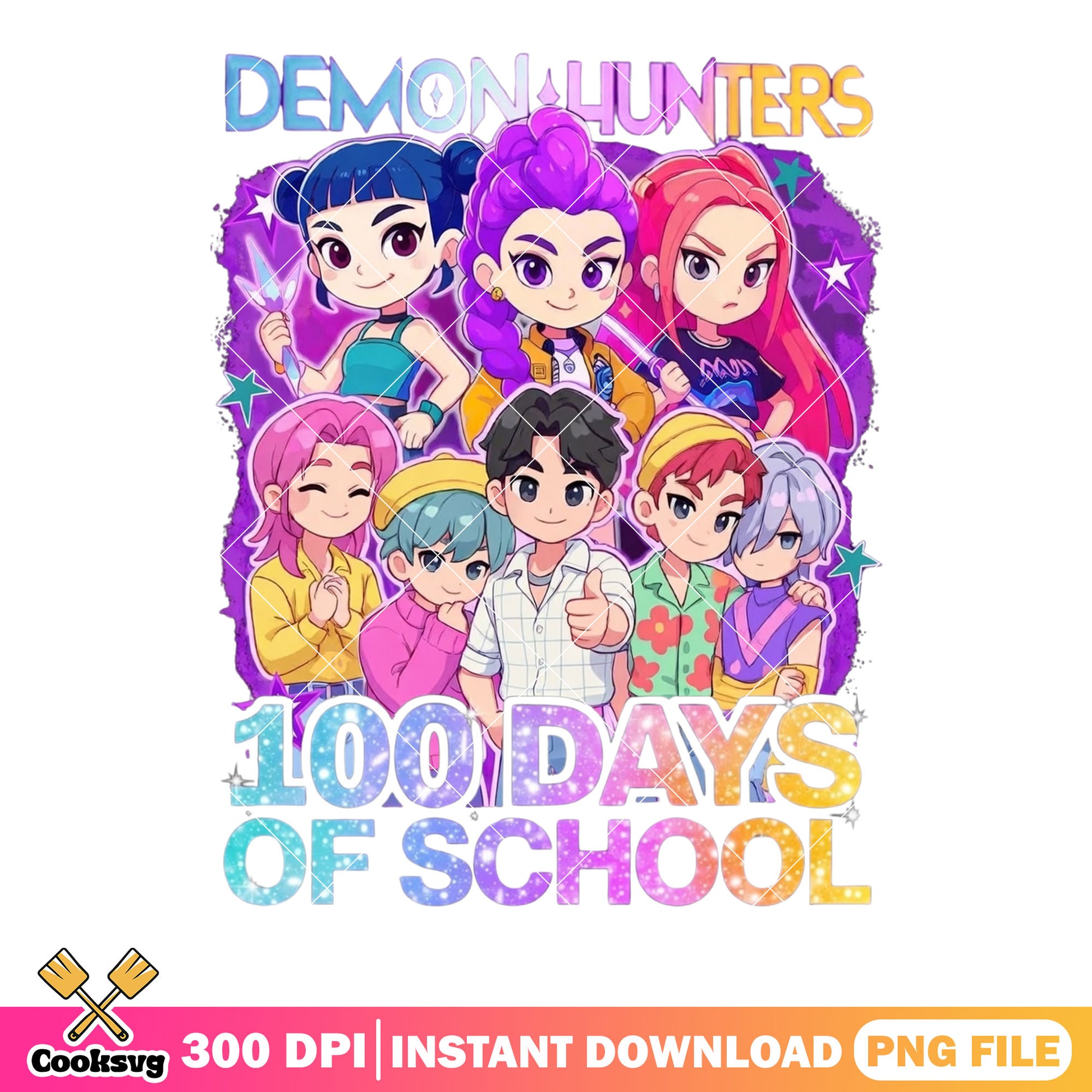 Kpop chibi demon team png, 100 days of school png, kpop demon hunters png