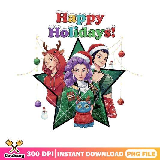 Kpop demon hunters christmas decor png, huntrix png, happy holidays png