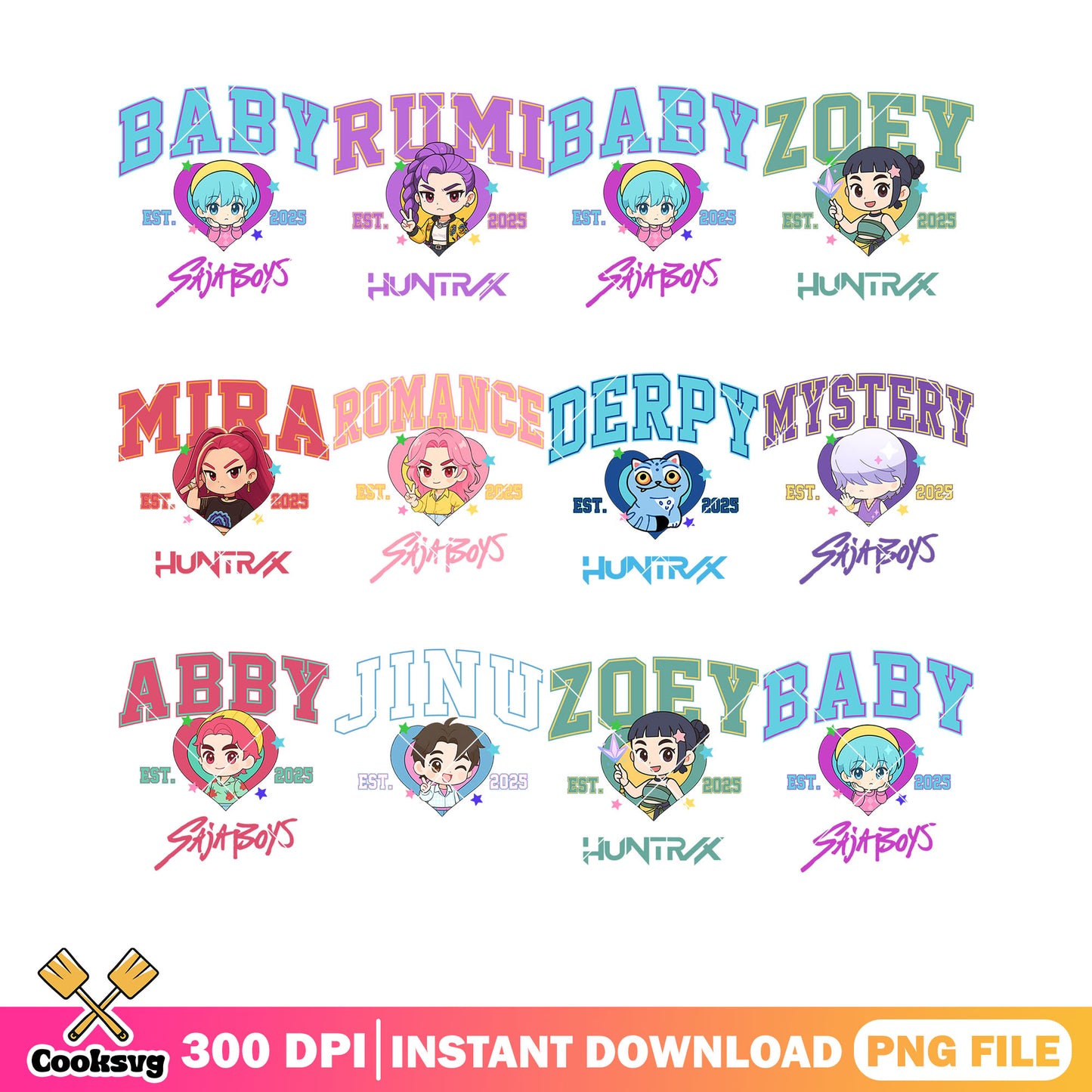 Kpop hunters est 2025 bundle png, cute kpop chibi​ png, kpop hunters png