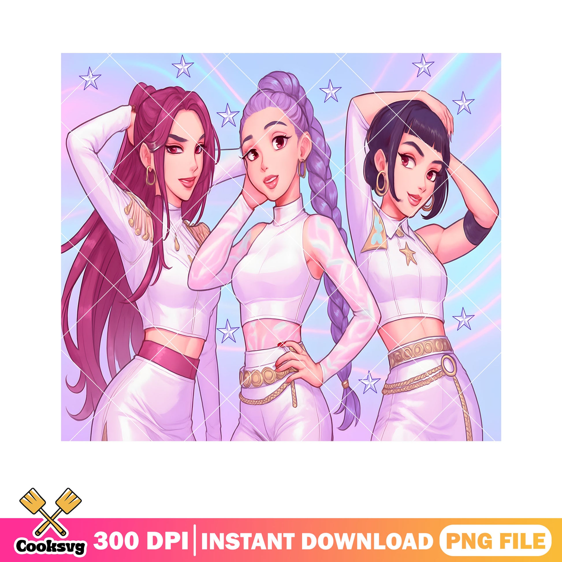 Kpop huntrix girls white png, girls pose png, anime huntrix white png