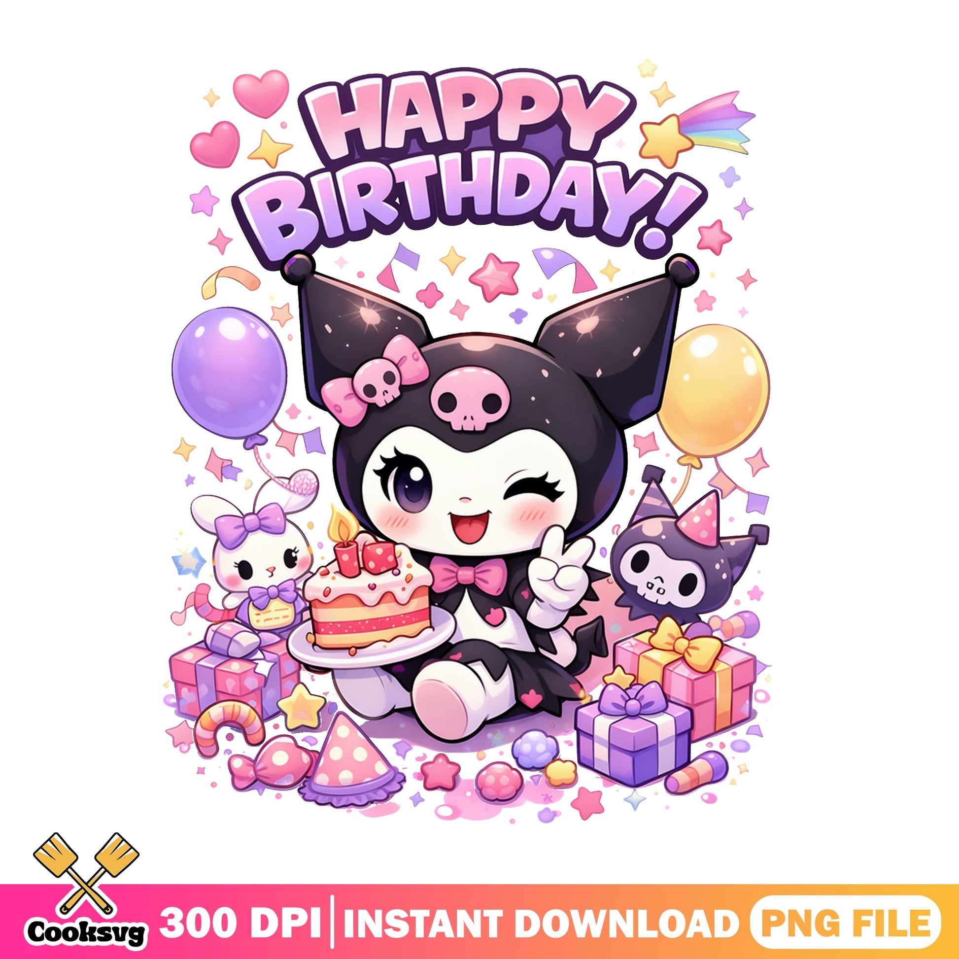 Kuromi Happy Birthday PNG, Sanrio Birthday PNG, Kuromi PNG