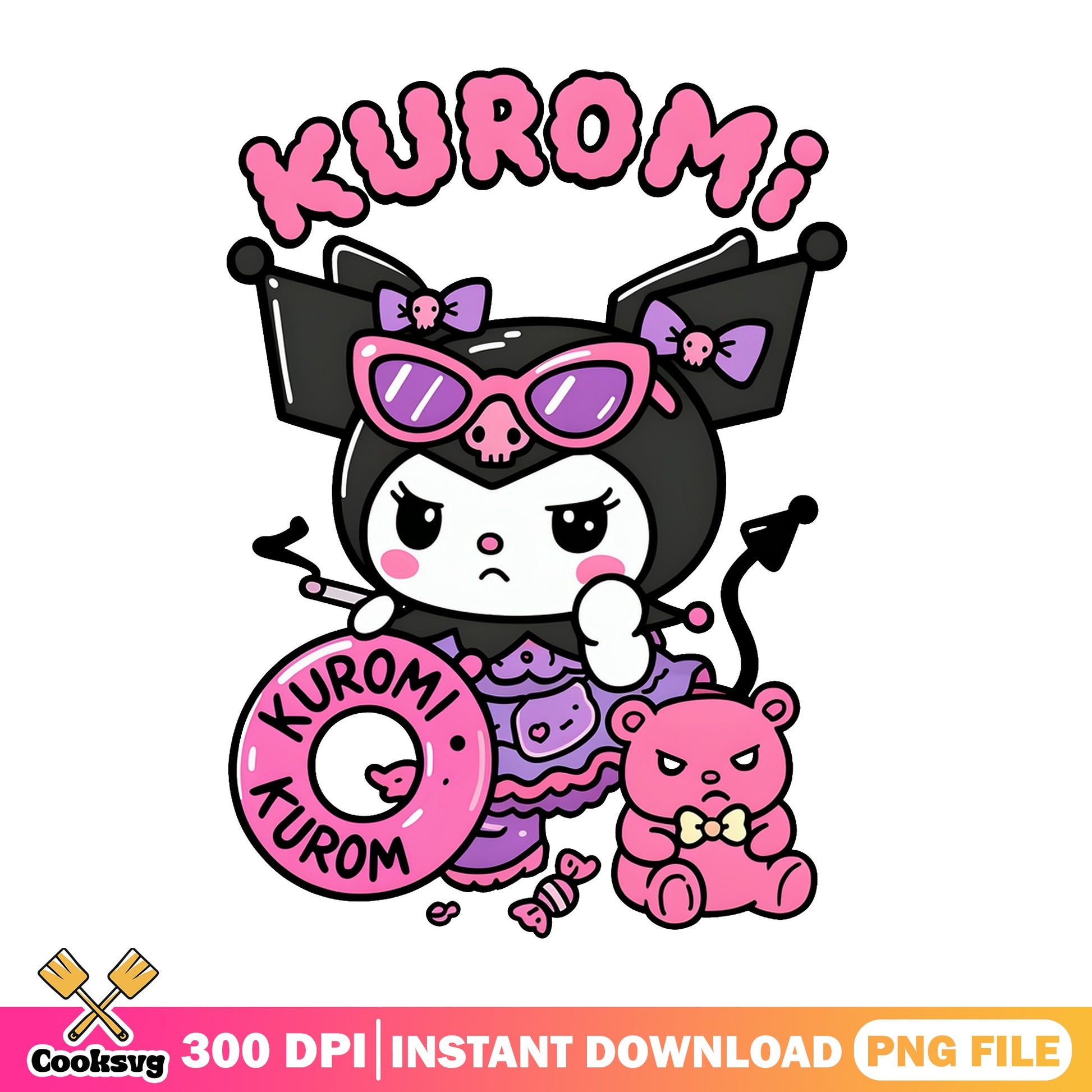 Kuromi Sanrio PNG, Cute Kuromi With Teddy Bear PNG, Kawaii PNG