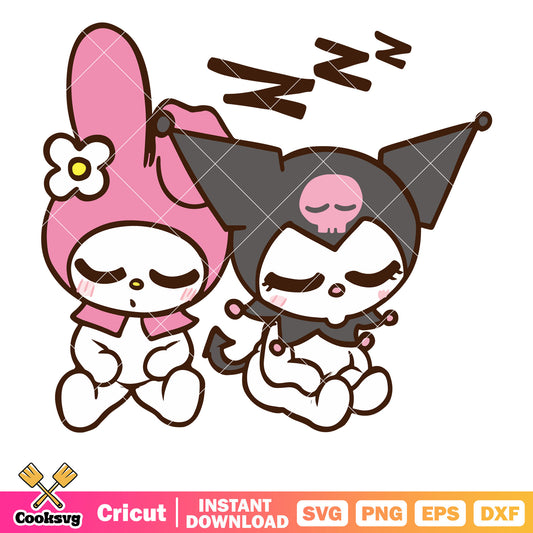 Kuromi and melody sleeping svg, hello kitty svg, sanrio cartoon svg