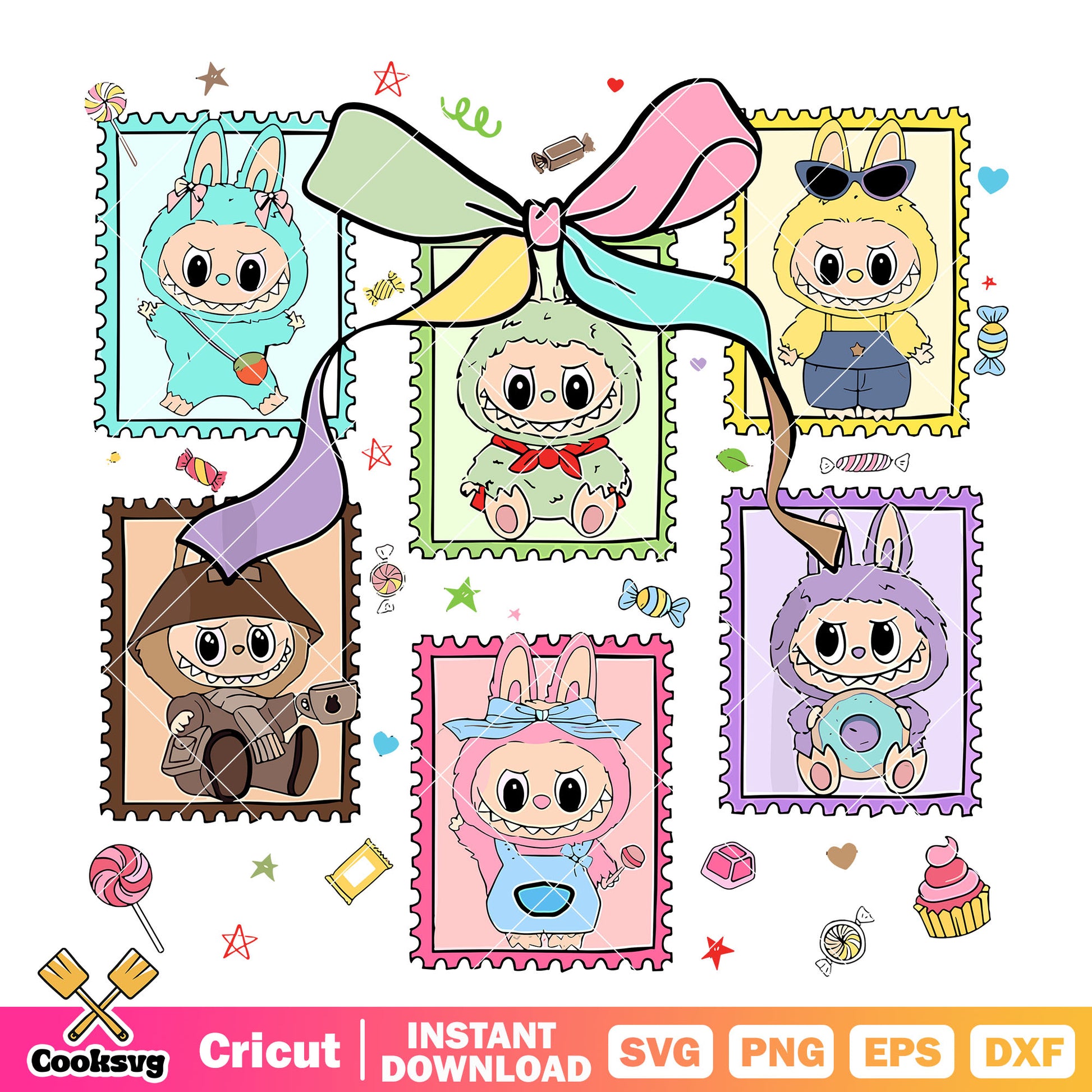 Labubu Stamp Gallery Svg, labubu with bow​ svg, labubu vibes svg