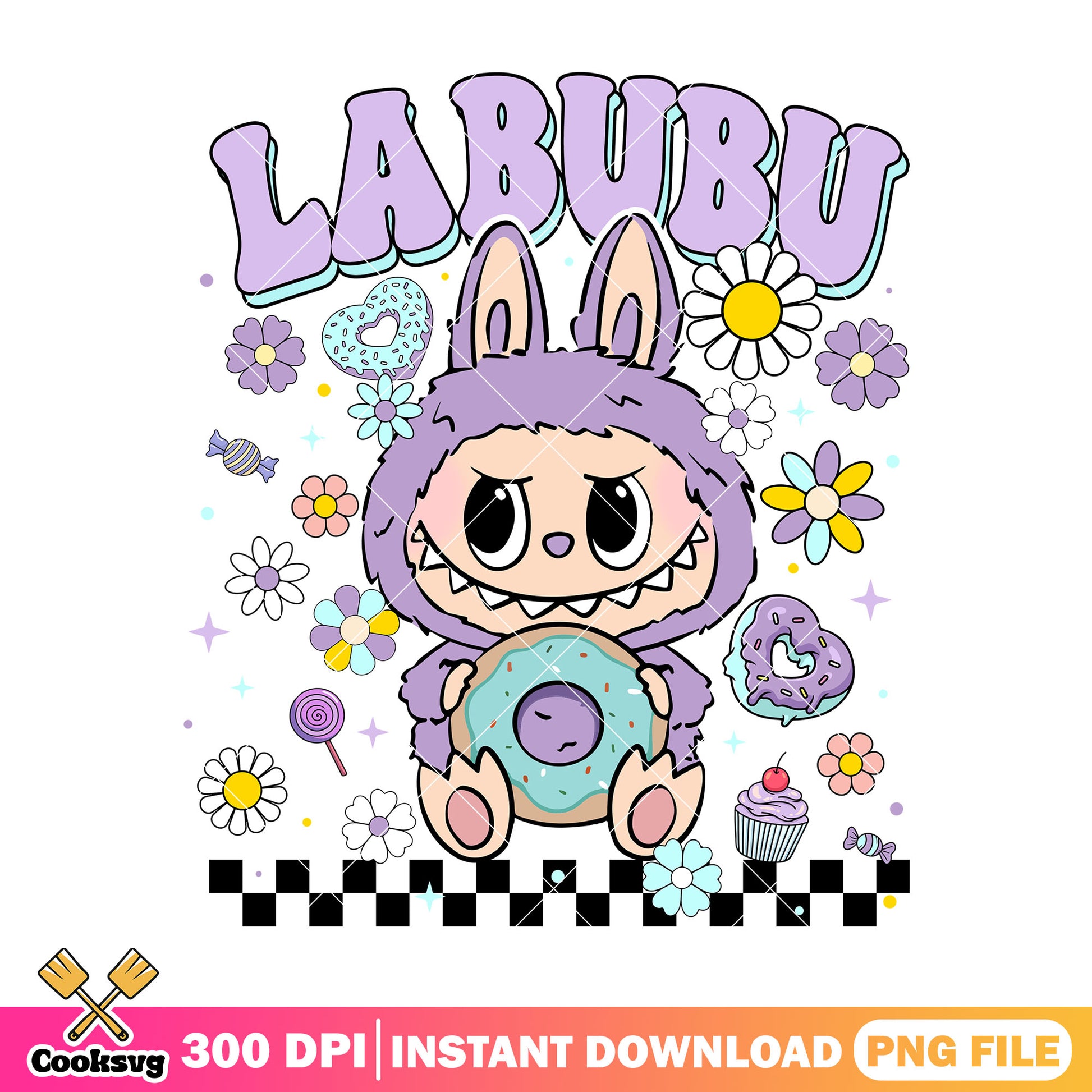 Labubu and a donut png, purple labubu png, labubu monster png