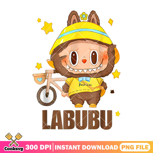 Labubu and bicycle cute png, labubu dolls png, popmart labubu png