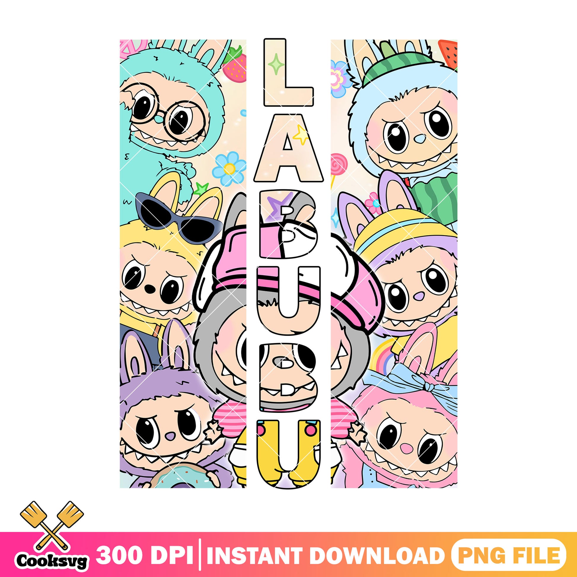 Labubu and different costumes png, labubu hehe png, labubu plush png