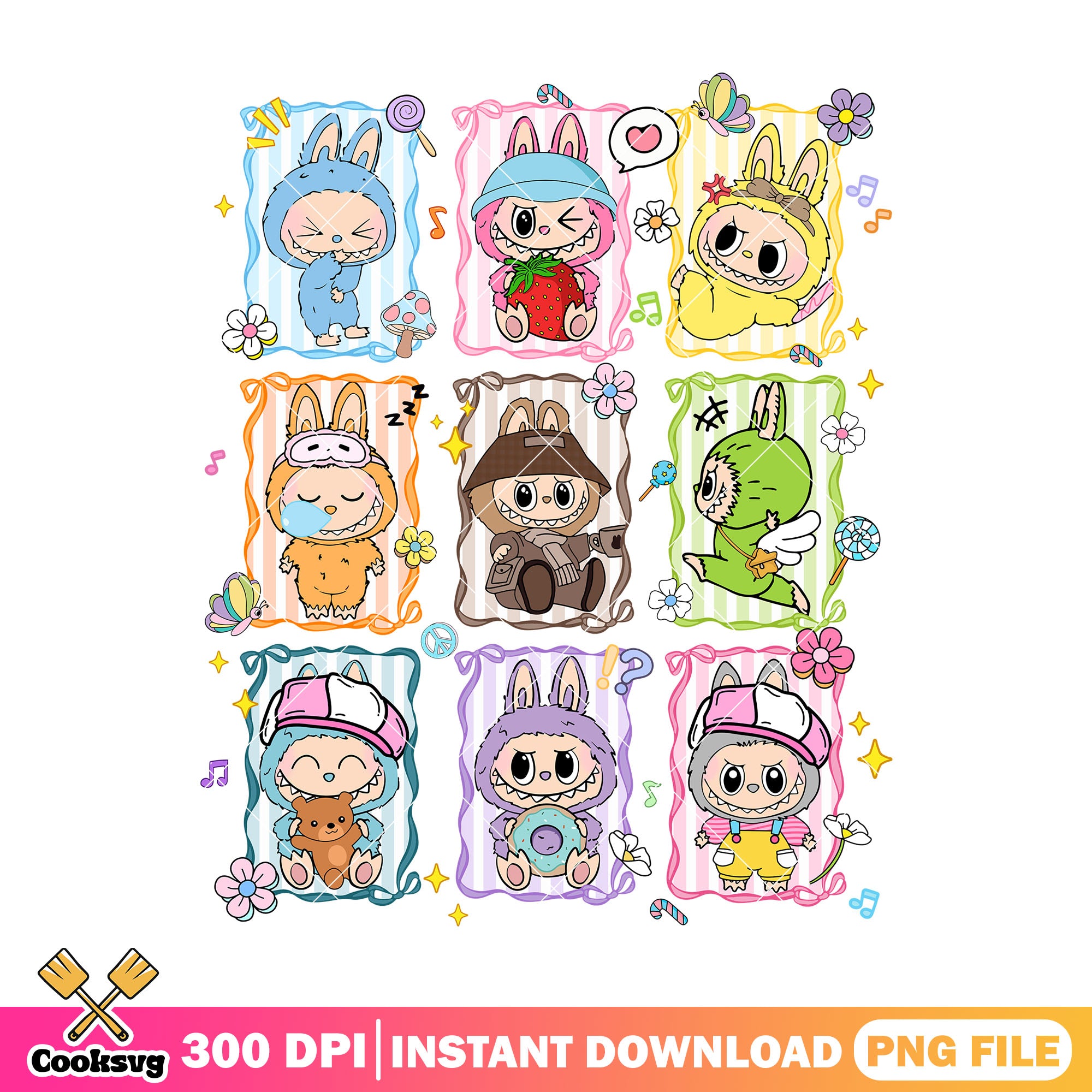 Labubu and different outfits png, labubu costume png, labubu happy png ...
