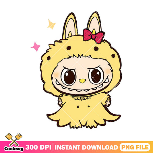 Labubu and nice dress png, plush labubu png, labubu yellow ​png