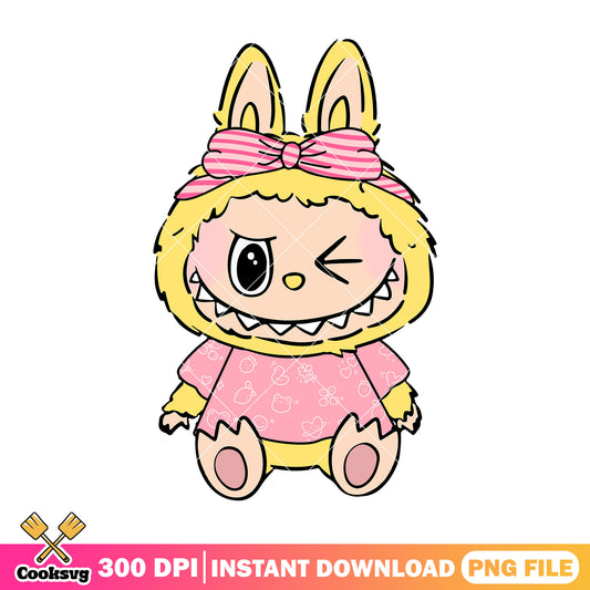 Labubu and pink outfit png, cute labubu​ png, labubu yellow ​png