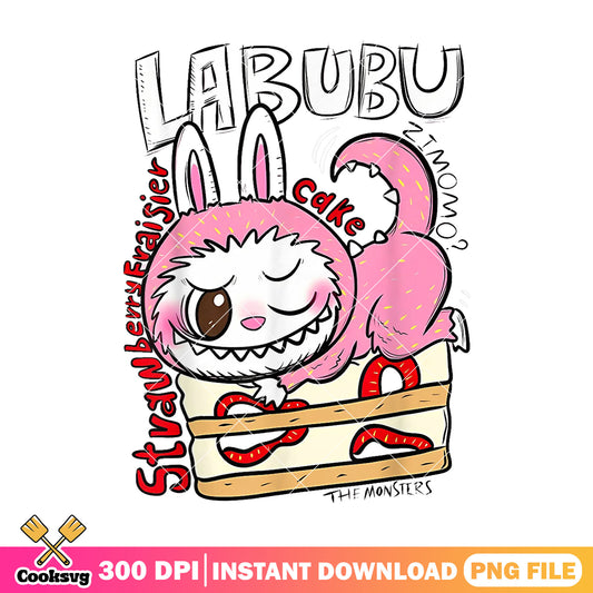 Labubu and strawberry cake png, labubu monster png, strawberry cake​ png