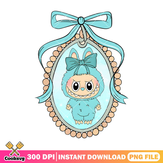 Labubu baby in oval frame png, labubu green png, labubu plush png