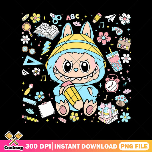 Labubu back to school png, blue labubu​ png, labubu sitting ​png